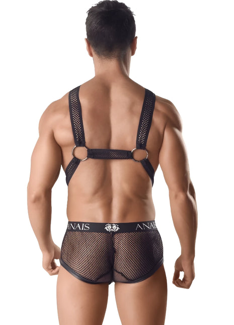 Schwarzes mesh-harness mit metallringen und passenden briefs mit ANAIS MEN gebrandetem bund