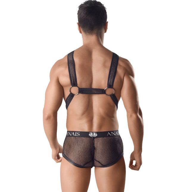 Schwarzes mesh-harness mit metallringen und passenden briefs mit ANAIS MEN gebrandetem bund