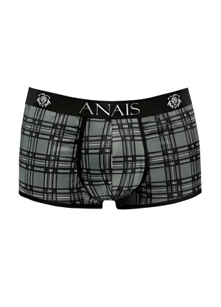 Schwarze und graue karierte boxershorts mit schwarzem bund und anaiis markenname samt löwenkopf logos in balance boxer modell
