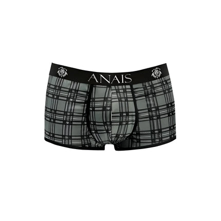 Schwarze und graue karierte boxershorts mit schwarzem bund und anaiis markenname samt löwenkopf logos in balance boxer modell