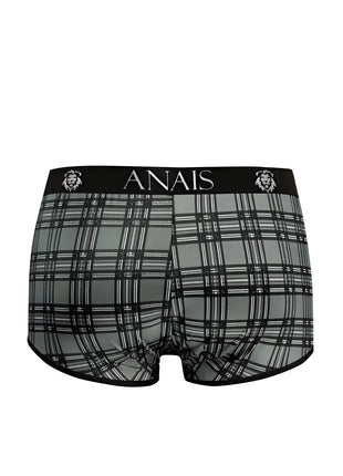 Schwarz-graue karierte boxer briefs mit schwarzem bund und anaiis markenname sowie löwenkopf logos