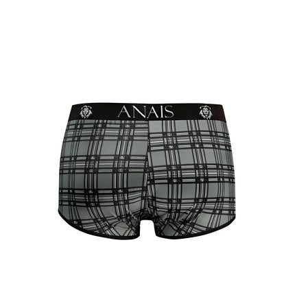 Schwarz-graue karierte boxer briefs mit schwarzem bund und anaiis markenname sowie löwenkopf logos