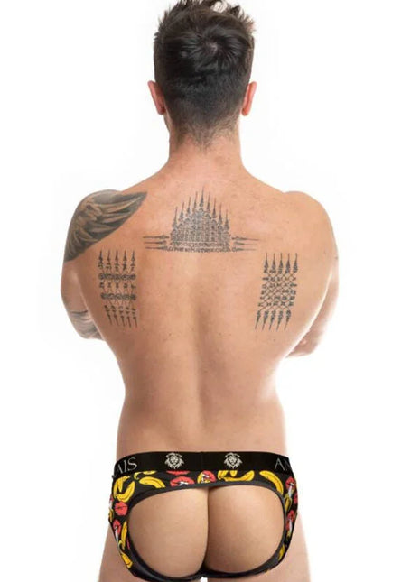 Schwarze briefs mit elastischem bund und buntem bananen- und obstmuster aus dem anaïs men banana jock bikini s sortiment