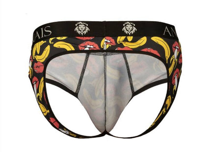 Schwarze anaïs men banana jock bikini mit gelben bananen, roten lippen und mesh-frontpanel