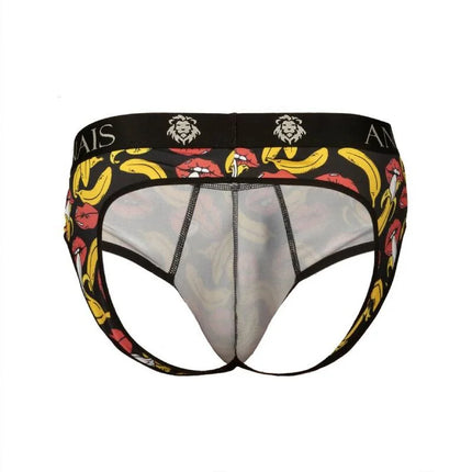 Schwarze anaïs men banana jock bikini mit gelben bananen, roten lippen und mesh-frontpanel