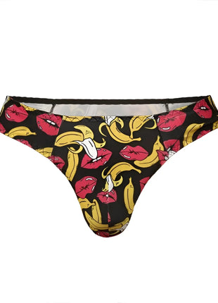 Schwarzer thong anaïs men banana string mit auffälligem muster aus roten lippen und gelben bananen
