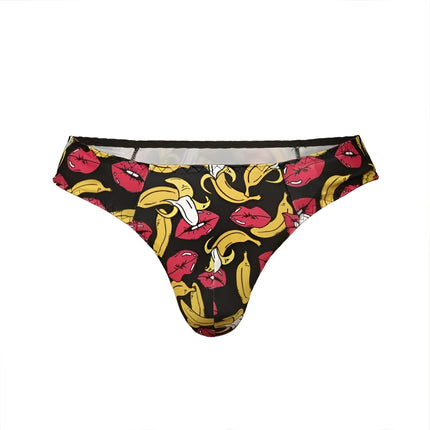 Anaïs men banana string schwarzer thong mit auffälligem muster aus roten lippen und gelben bananen