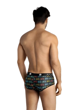 Schwarze herrenunterhosen mit buntem fahrradmuster und anar markenbund im modell anais men benito slip