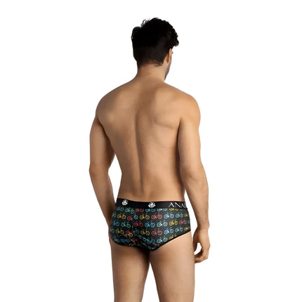 Schwarze herrenunterhosen mit buntem fahrradmuster und anar markenbund im modell anais men benito slip