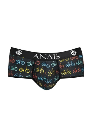 Schwarze anais men benito slip herrenunterhose mit buntem fahrradmuster und löwenlogo auf dem bund