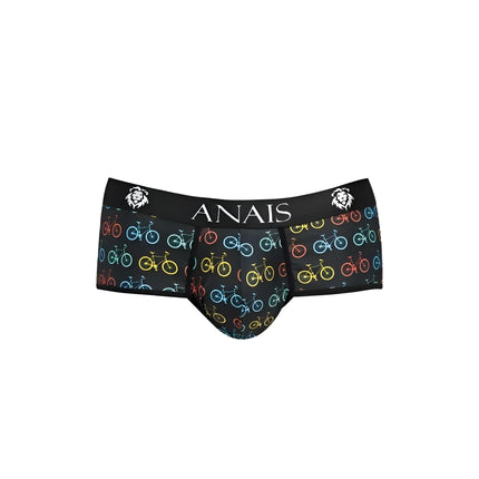 Schwarze anais men benito slip herrenunterhose mit buntem fahrradmuster und löwenlogo auf dem bund