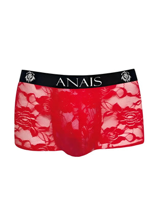 Rote spitzen boxer briefs mit schwarzem gummibund und anaiis markenname sowie löwenkopf logos aus der kollektion anais men brave boxer