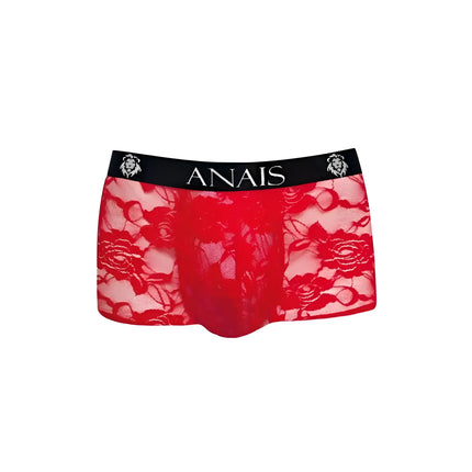 Rote spitzen boxer briefs mit schwarzem gummibund und anaiis markenname sowie löwenkopf logos aus der kollektion anais men brave boxer