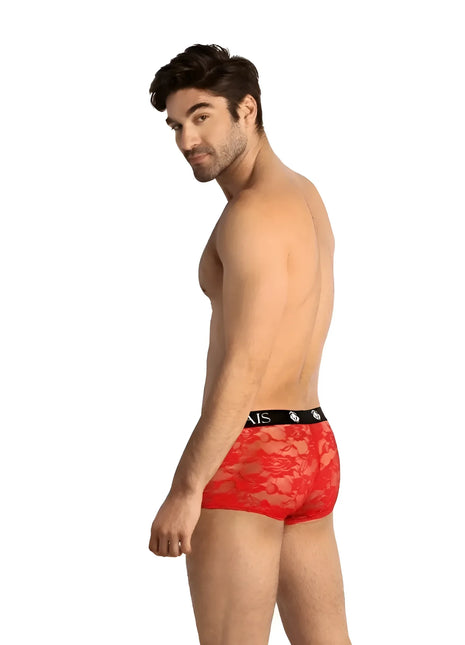 Rote spitzen-slips mit schwarzem bund und ais logo aus weißer schrift im produkt anais men brave boxer