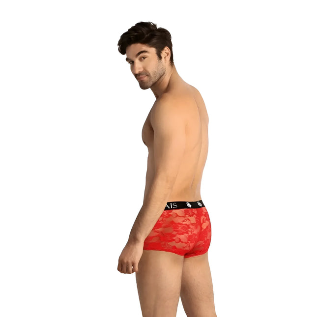 Rote spitzen-slips mit schwarzem bund und ais logo aus weißer schrift im produkt anais men brave boxer