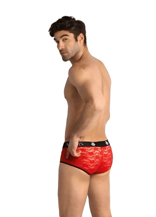 Rote spitzen herren slip briefs mit schwarzem elastischem bund und weißem branding von anais men brave brief