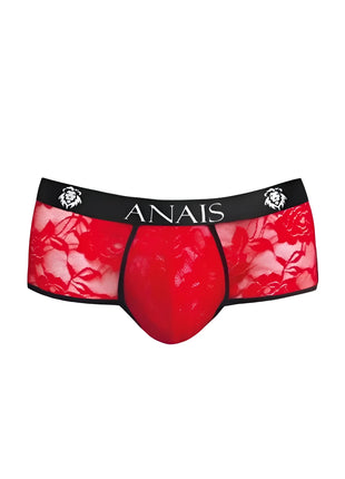 Rote spitzenhose mit schwarzem bund und anaiis markenname sowie löwenkopf logos aus der kollektion anais men brave brief