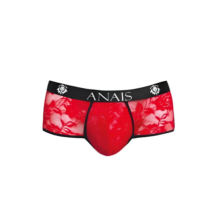 Rote spitzenhose mit schwarzem bund und anaiis markenname sowie löwenkopf logos aus der kollektion anais men brave brief
