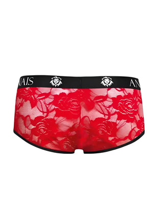 Rote spitzenunterwäsche mit schwarzem bund und weißen löwenlogos von anis im produkt anais men brave brief