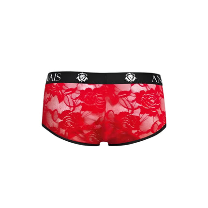 Rote spitzenunterwäsche mit schwarzem bund und weißen löwenlogos von anis im produkt anais men brave brief