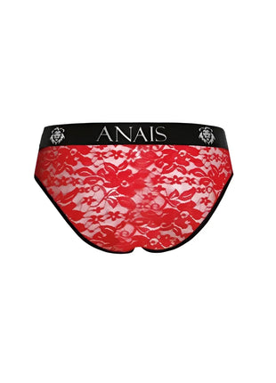 Rote spitzenunterhose mit schwarzem bund und anaiis markenname sowie löwenkopflogos aus der serie anais men brave slip