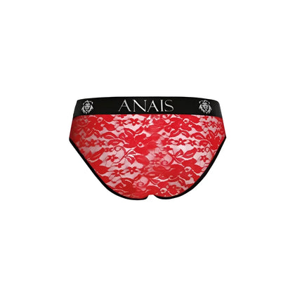Rote spitzen slip briefs mit schwarzem bund und anaiis markenname sowie löwenkopf logos brave slip für herren