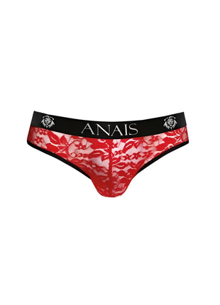Roter spitzenstring mit schwarzem elastikbund mit markenname anaiis und löwenkopflogos aus der anais men brave slip kollektion