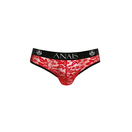 Roter spitzenstring mit schwarzem elastikbund mit markenname anaiis und löwenkopflogos aus der anais men brave slip kollektion