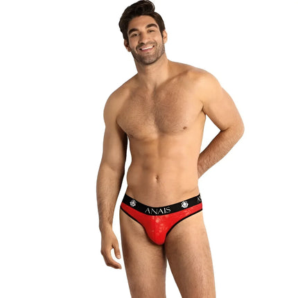Rote spitze thong mit schwarzem bund und anais markenname plus schädel logo im produkt anais men brave slip