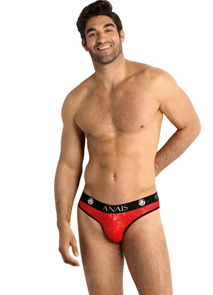 Roter spitzenstring mit schwarzem bund und anais markenname sowie schädel logo im produkt anais men brave slip