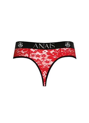 Roter spitzenstring mit schwarzem elastischem bund und anaiis markenname sowie löwenkopf logos aus der kollektion anais men brave string