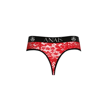 Roter spitzenstring mit schwarzem elastischem bund und anaiis markenname sowie löwenkopf logos aus der kollektion anais men brave string