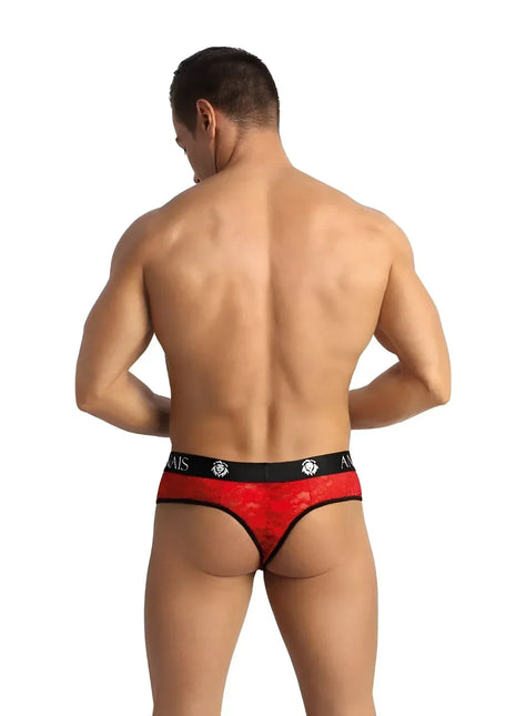 Rote lace-string mit schwarzer kantenverzierung und ANAIS MEN branded taillenbund