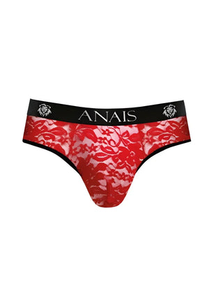 Roter spitze-string mit schwarzem bund, markenname anaiis und löwenkopf-logos, anaïs men brave string