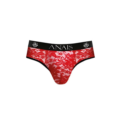 Roter spitzen-string mit schwarzem bund mit anaiis markenname und löwenkopflogos aus der kollektion anais men brave string