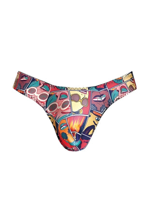Vibrante comic-stil bikinihose anaïs men comics string mit buntem patchwork aus gesichtern und sonnenbrillen
