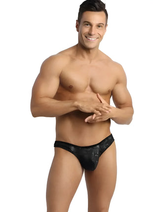 Schwarze ANAIS MEN elektro string briefs mit spitzenbesatz und dezentem muster aus feinem material