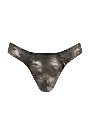 Anas men elektro string schwarzer und grauer camouflagemuster thong aus glänzendem dehnbarem material rückansicht
