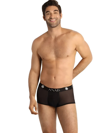 Schwarze mesh briefs mit weißem anai logo und rosenemblem am bund aus der anais men eros boxer kollektion