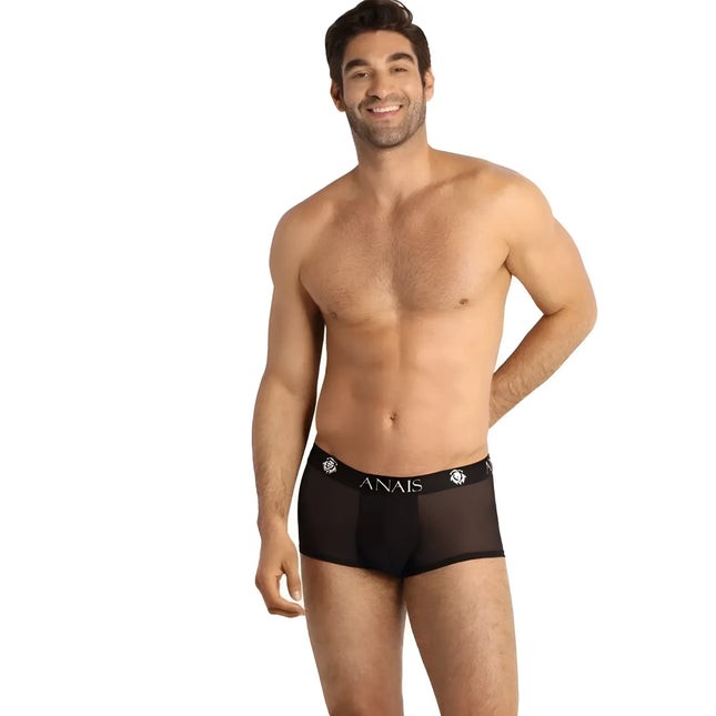Schwarze mesh briefs mit weißem anai logo und rosenemblem am bund aus der anais men eros boxer kollektion