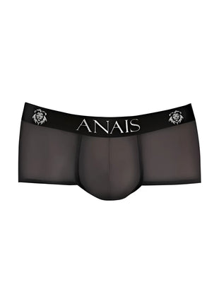 Schwarze durchsichtige herren-slips mit elastischem bund und an ais markenlogo sowie löwenkopf bei anaïs men eros brief