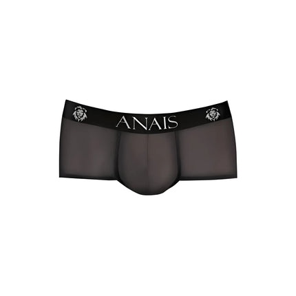 Schwarze durchsichtige herren-slips mit elastischem bund und an ais markenlogo sowie löwenkopf bei anaïs men eros brief