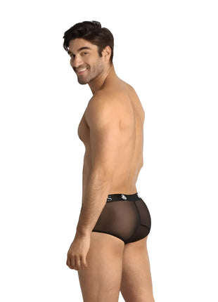 Schwarze transparente mesh briefs mit schwarzem elastischem bund und weißem logo von anais men eros brief