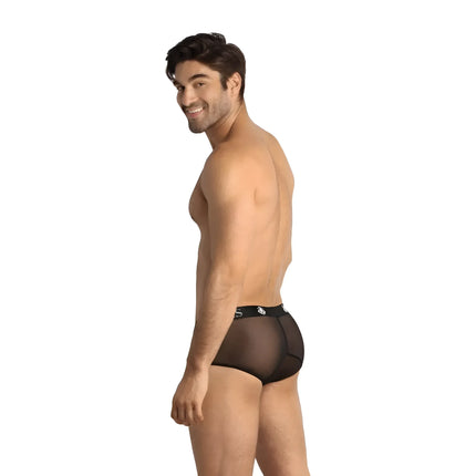 Schwarze transparente mesh briefs mit schwarzem elastischem bund und weißem logo von anais men eros brief