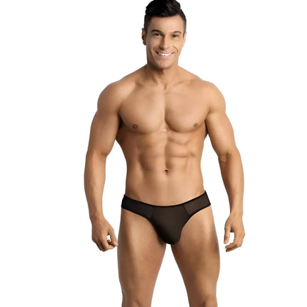 Schwarze mesh briefs mit solidem schwarzen bund aus der anais men eros string kollektion