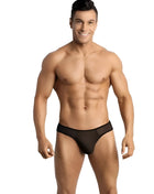 Black mesh briefs with solid black waistband from anais men eros string collection in front view