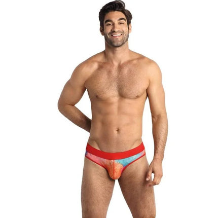 Anas for men falcon slip xl briefs in red and blue tie-dye with vibrant orange center design