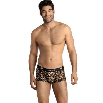 Leopard-print boxer briefs with a black waistband featuring anais brand name and skull logos from anais men mercury boxer