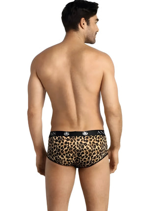 Leopard-print briefs with black elastic waistband featuring white anais men lettering and logos in mercury brief design