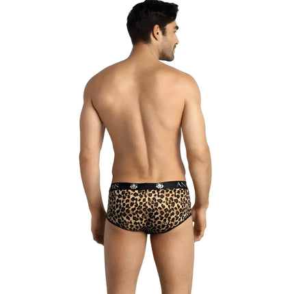 Leopard-print briefs with black elastic waistband featuring white anais men lettering and logos in mercury brief design